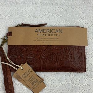American Leather Co Leather floral embossed essential power wristlet pouch NEW